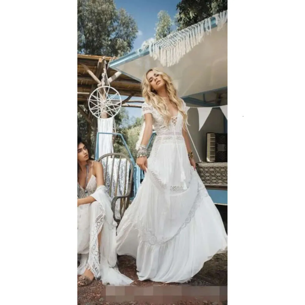 Kleiderlinien Vintage Eine einfache Chiffon -Spitze Sexy Deep V Neck 2019 Kurzärmel Boho Beach Hochzeit Brautkleider