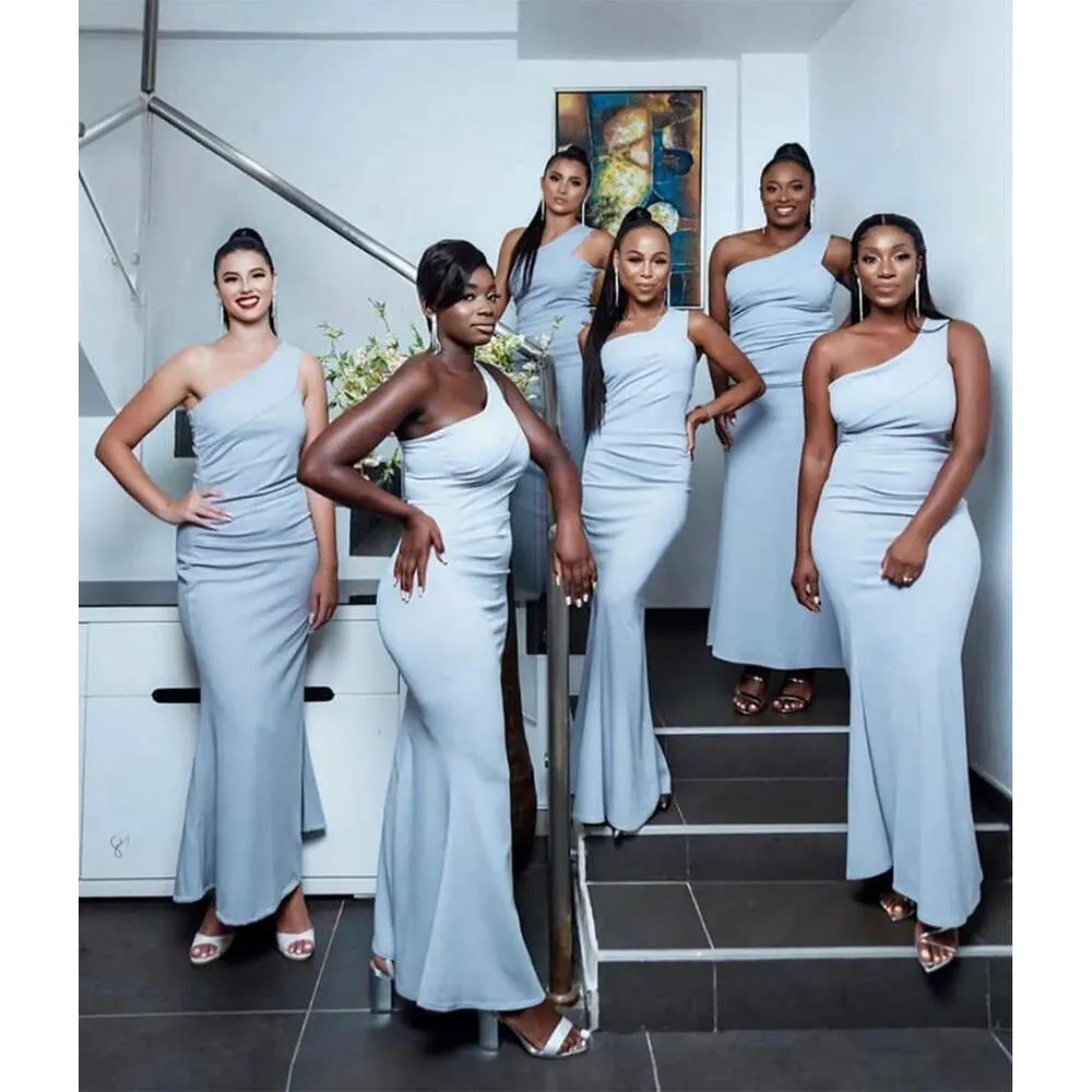 2021 Plus Dusty Blue African Mermaid Light Grey Bridesmaid Dresses with One Shoulder, Ankle Length, Custom Pleats, and Ruched Details