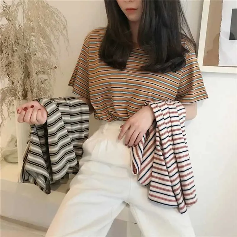 Frauen T-Shirt Sommer Koreanische Version Loose Striped T-Shirt Womens Kurzärmele Runde Hals Trendy Topl2405