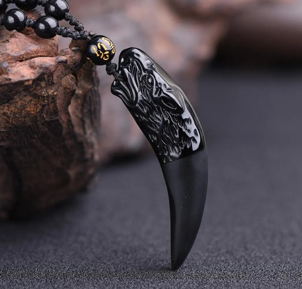 NYA HELA 100 Natural Obsidian Wolf039s Tooth Pendant Tooth Amulet and Hyperbol Punk Halsband Lucky Win Halsband6639201