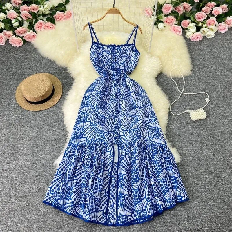 Casual Dresses Seaside Holiday Printed Sling Long Dress Women Summer Hollow-Out Split Design Chic Super Fairy Fashion Vintage