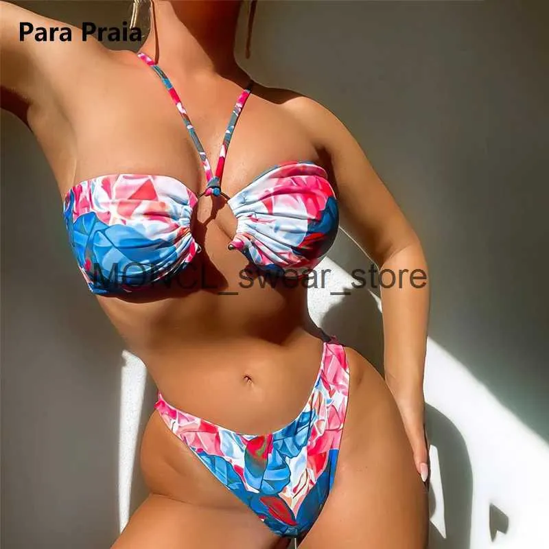 Женские купальные костюмы Para Praia 2023 Halter Bandeau Bikini Women Swimsuit Women Women Floral Push Set Brazilian Bathing Comse для H240507