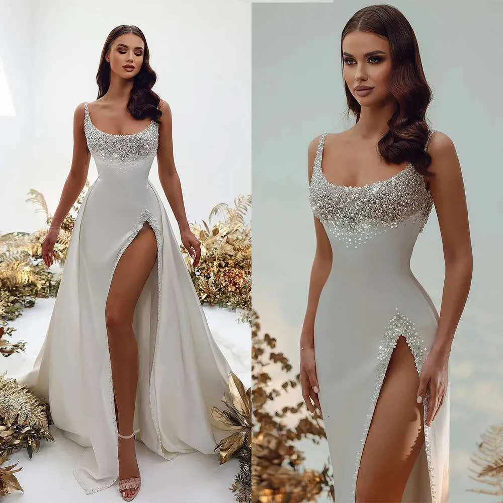 Fyrkantig med Junoesque Wedding Satin Mermaid klänningar Pärlor Sidas delade avtagbara backless blixtlås Skräddarsydd plus storlek brudklänning vestidos de novia