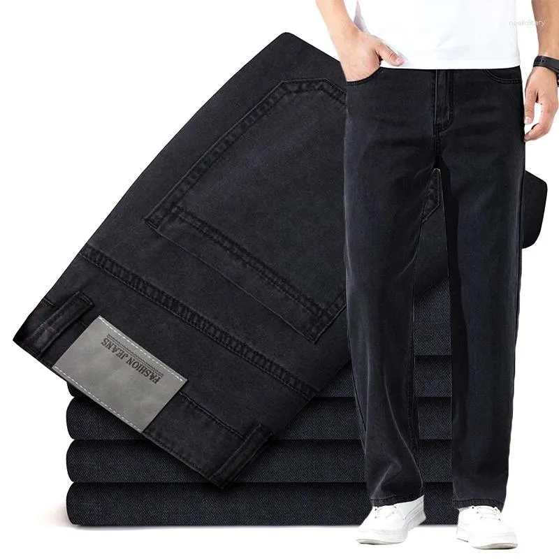 Мужские джинсы Классическая черная прямая лиоцелл для мужчин Summer Thin Spect Elastic Loast Ice Silk Denim Bants Brand Одежда