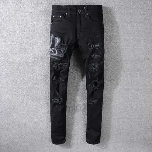 Jeans masculins American Street Style Fashion Mens Mens Slim Fit Snake Embroderie Punk Ripped Designer Streetwear Hip Hop1rwzn