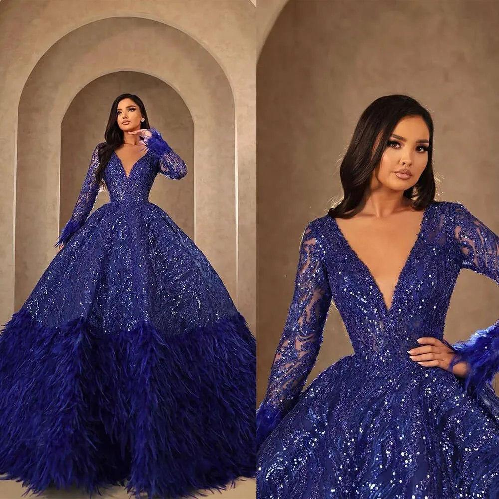 Glamorous Deep V neck Ball Gown Prom Dresses with Appliques Belt and Feathers