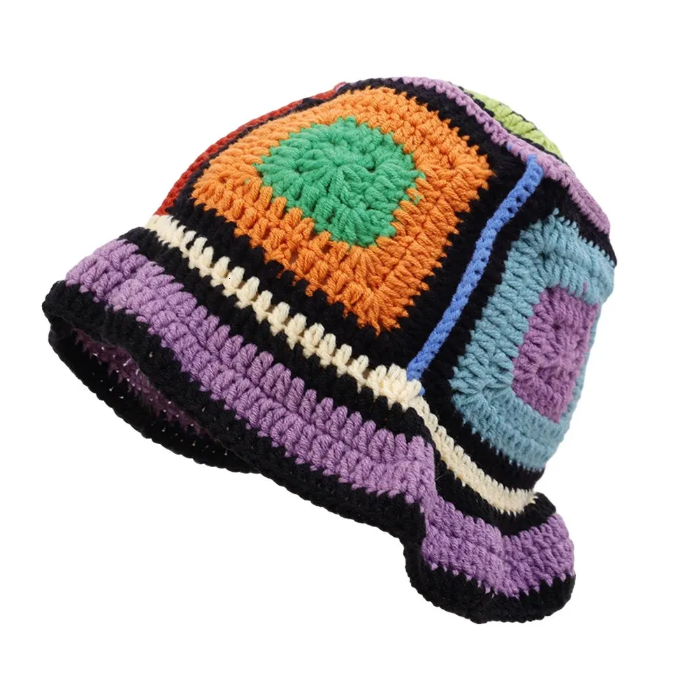 2024Handmade Crochet Rainbow Bucket Hat - Colorful Knitted