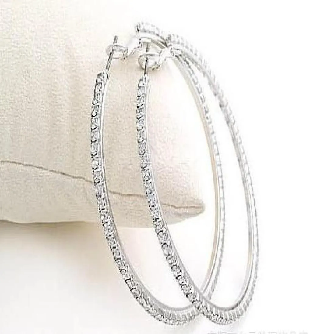 Silvertone Big Circle Ladys Basketball Wives Hoop Earrings With Crystal
