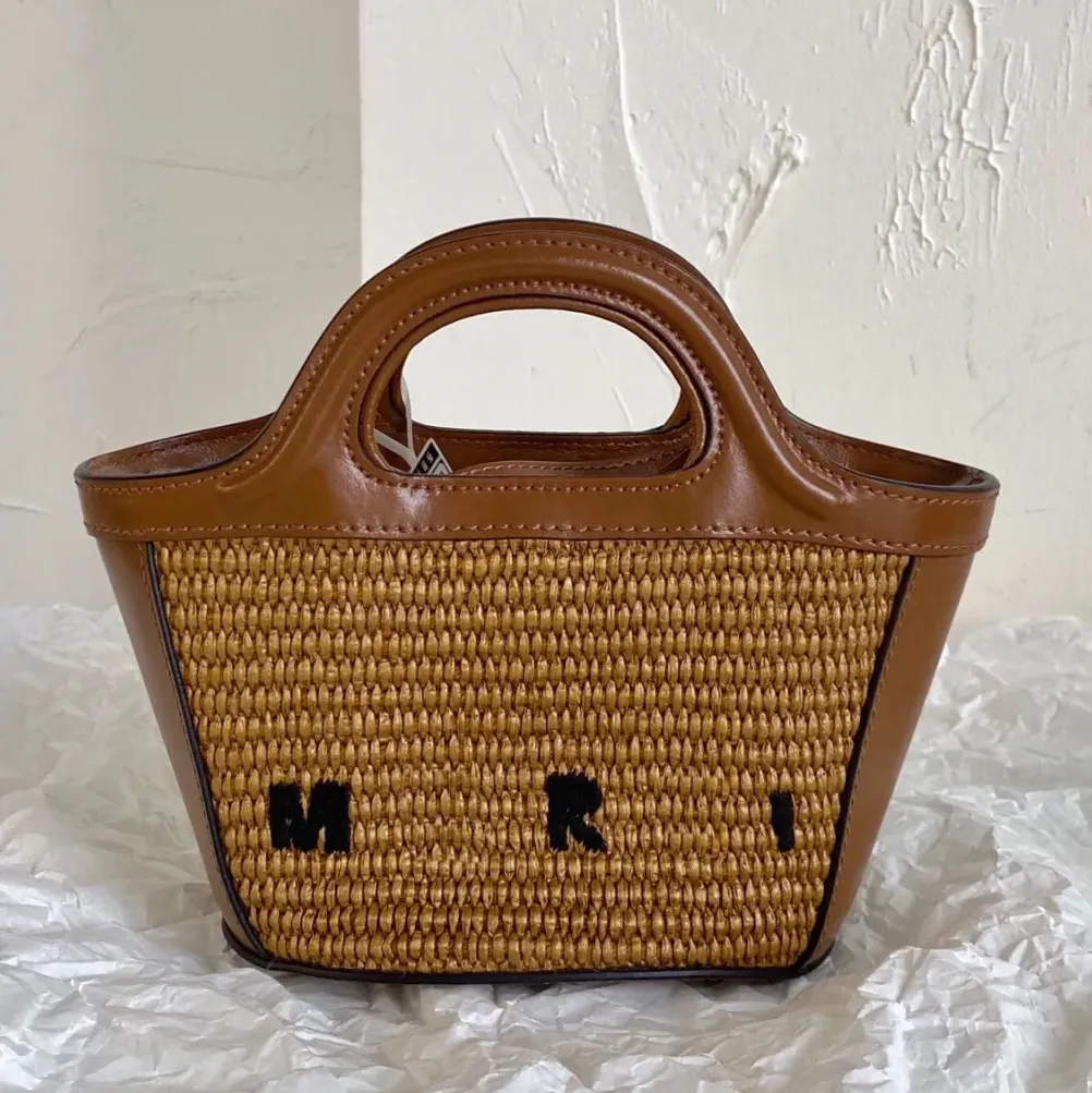 Luxury tropicalia small straw tote bag with satin lining and