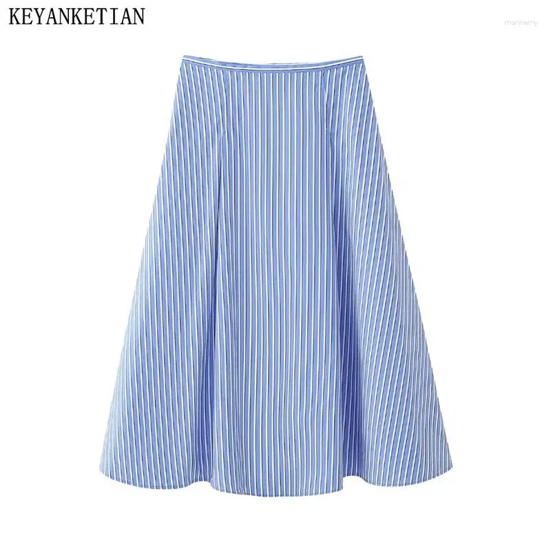 Skirts KEYANKETIAN 2024 Launch Women's Striped MIDI Skirt Side Zipper High Waist Double Pockets Fashion A-line Ankle-length
