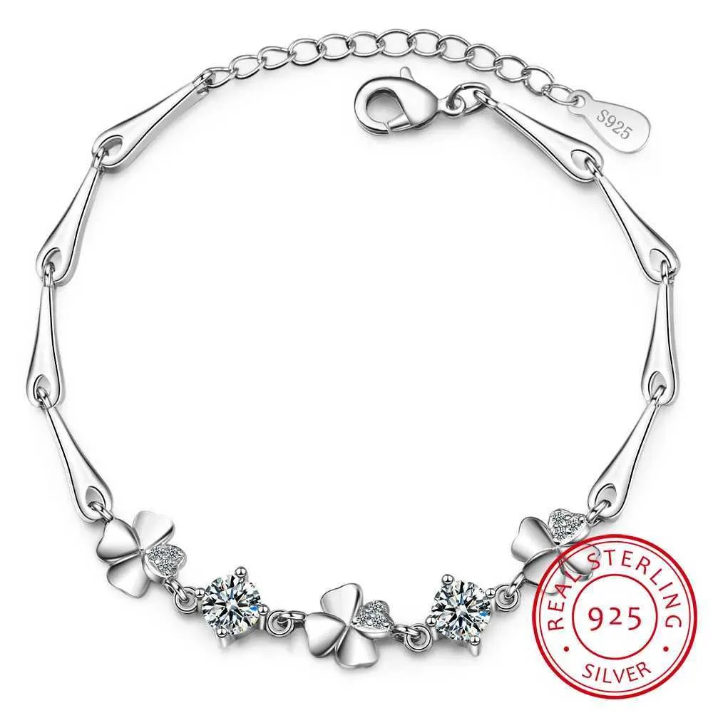 Bracele 925 Silver Silver Femme Lucky Mignon et charmant élève Four Leaf Clover Girlfarend Girl Valentin Day Q240506