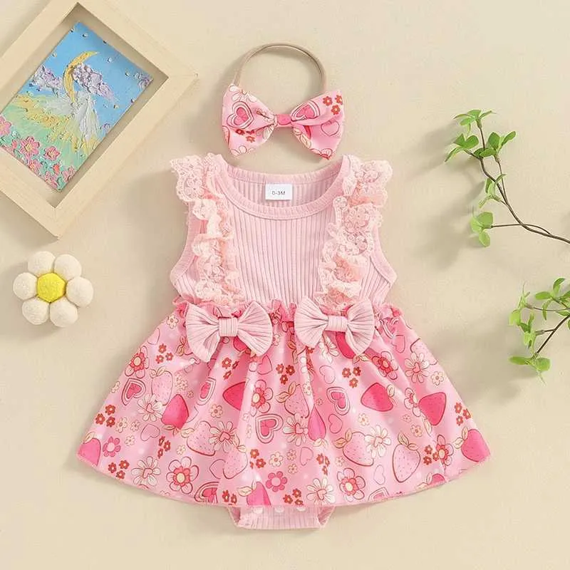 ROMPERS 2PCS Säuglingsbabykleidung Mädchen Kleid Blume Erdbeerabdruck Frontanzug Stirnband für Neugeborene Kleidung H240507