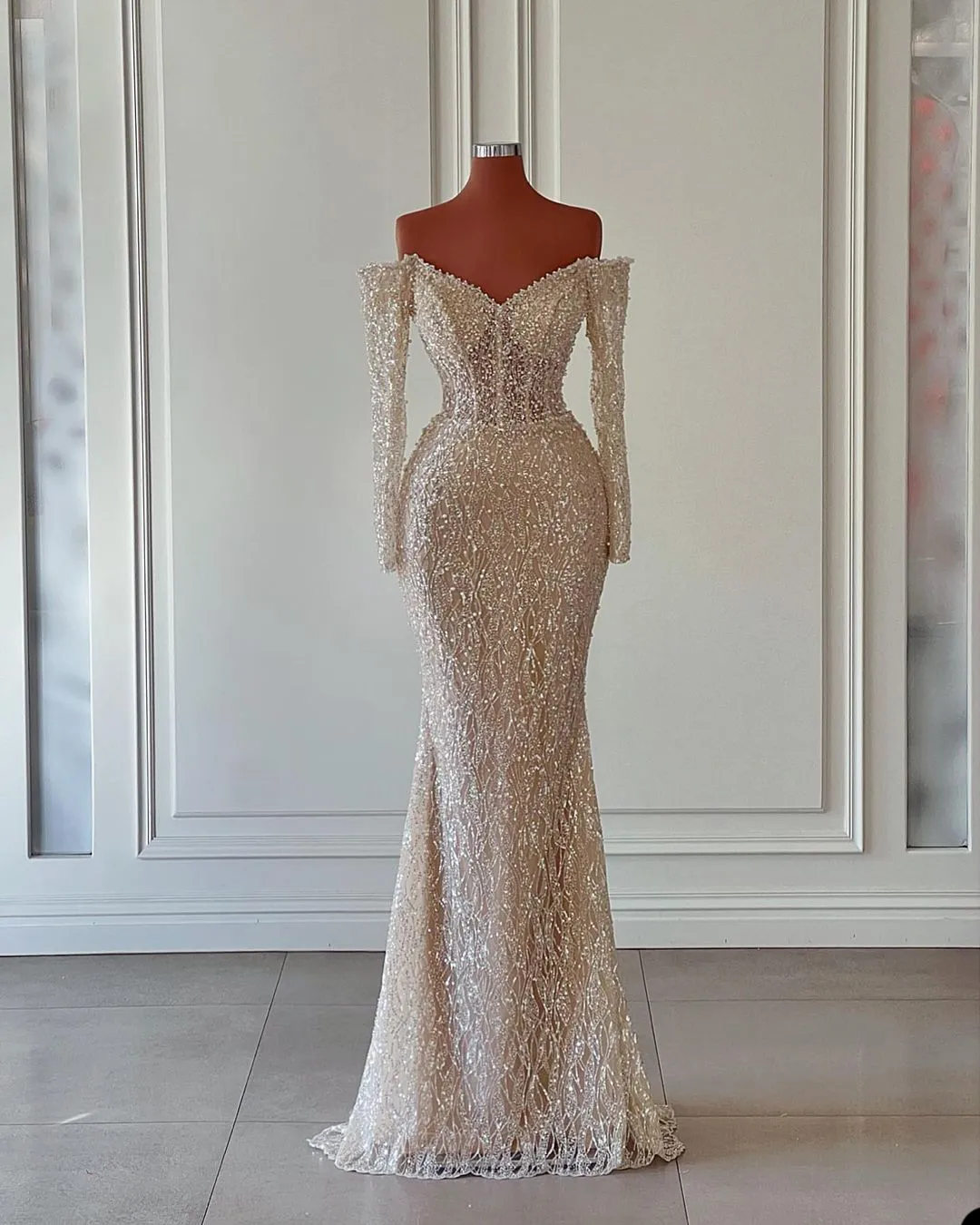 Champagne Sequined Lace Evening Dress Off Shoulder Long Sleeves Crystal  Beads Mermaid Sweep Train Formal Gown