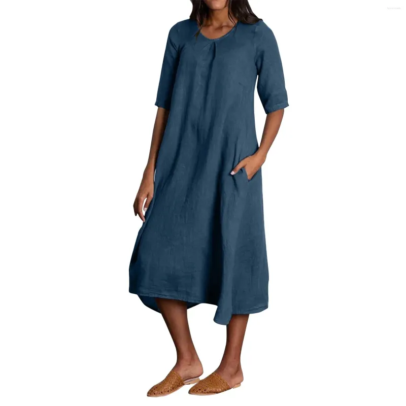 Robes décontractées Fashion Round Coule Split Split Split Color Color Color Cotton Linn Party For Women Robe