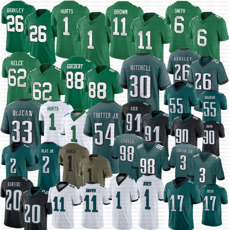 Saquon Barkley DeVonta Smith Kelly Green Jalen Hurts jersey Jason Kelce AJ Brown Davis Jalen Carter Dawkins Slay jr Goedert Graham Huff DeJean Mitchell Trotter Jr