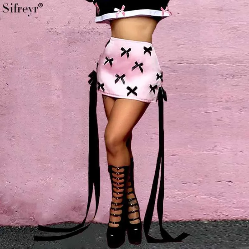 Skirts Sifrfreyr Fashion Contrast Color Skirts Butterfly Tie Personalized Street High Waist Wrapped Hip A-line Skirt Q240507