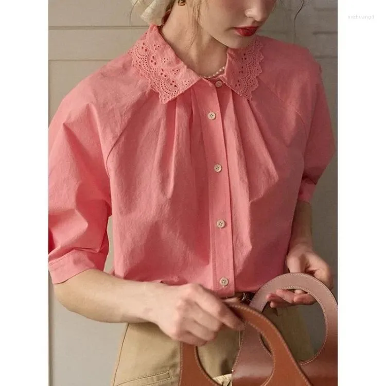Kadın bluzları Korejepo Fransız banliyö işlemeli gömlekler dantel yaka gevşek kısa kollu gömlek kadınlar yaz basit dış gey