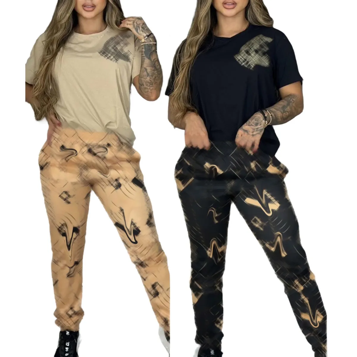 Женщины с двумя частями брюки Activewear Случайная шейная футболка для экипажей