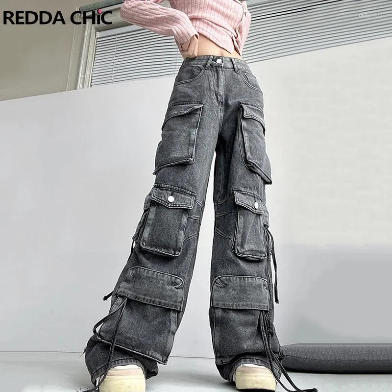 Dżinsy damskie Reddachic duży rozmiar kieszenie ładunkowe w lupgy kobiety vintage myjka bandaż z szeroką talią spodną nogawki Grunge Streetwear