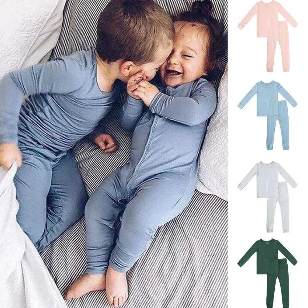 Pajamas 2024 New Arrivals Bamboo Fiber Toddler Baby Childrens Sets Suit For Girls Solid Long Sleeve Top+Pants Boys Sleepwear H240507