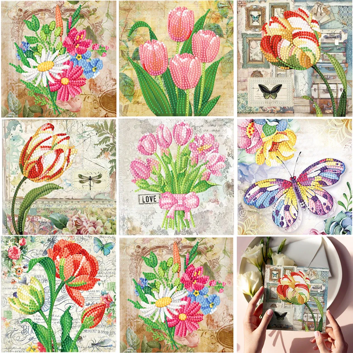 Stitch New DIY Diamond Painting Cartes de voeux vintage CARtes peintes en diamant floral vintage à la main Mosaic Diamond broderie Cartes de remerciement