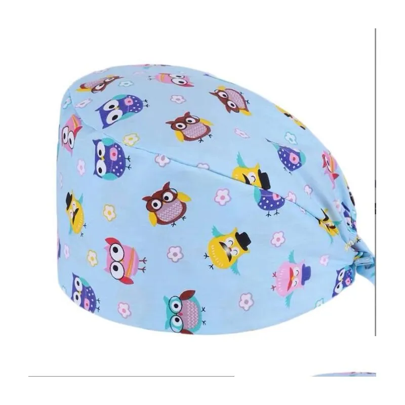 Beanie/Skull Caps Scrub Catton Hat Floral Bouffant Sanitaire verpleegkundige dop met zweetband Owl Fox Bird Leaf Star Printing Nursing Docto Dhn0x