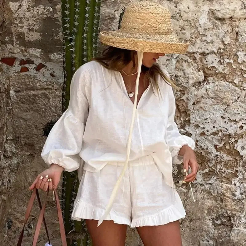 Kvinnor Casual 2 Piece Set Cotton Linen Long Sleeve Shirts and Shorts Spring Summer White Suit Chic Loose Female Outfits 240423