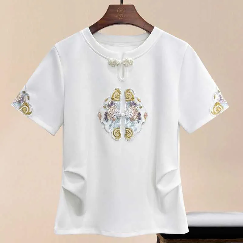 Women's T-Shirt Chinese style womens short sleeved T-shirt summer new retro button and stud embroidery top tier womens clothing oversized T-shirtL2405