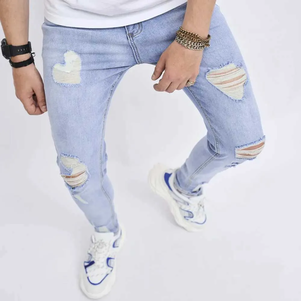 Jeans masculins hommes élégants trous élégants lavage bleu jean skinny jeans slim stretch stretfred cotton joggers pantalon denim y240507