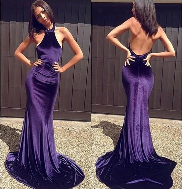 Vestidos de baile de veludo roxo simples simples, vestidos de festas de sereia de trens longos de halter halter