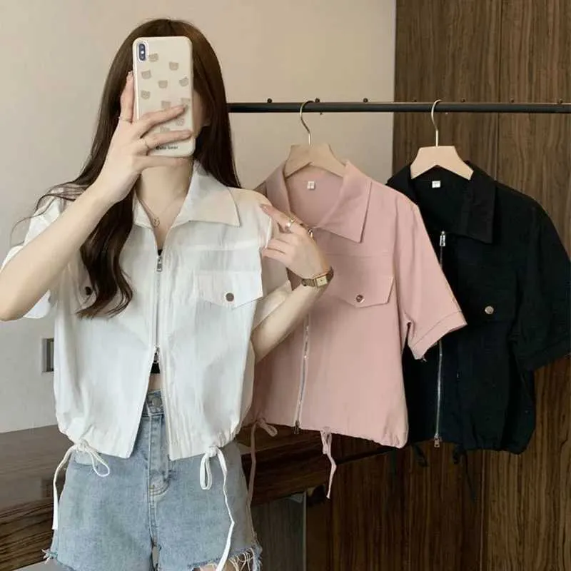 Women's Jackets New Summer Short sleeved Product Jackets Womens Zipper Drawn Short Shirts Womens Black and White Swivel Collar Casual JacketsL2405