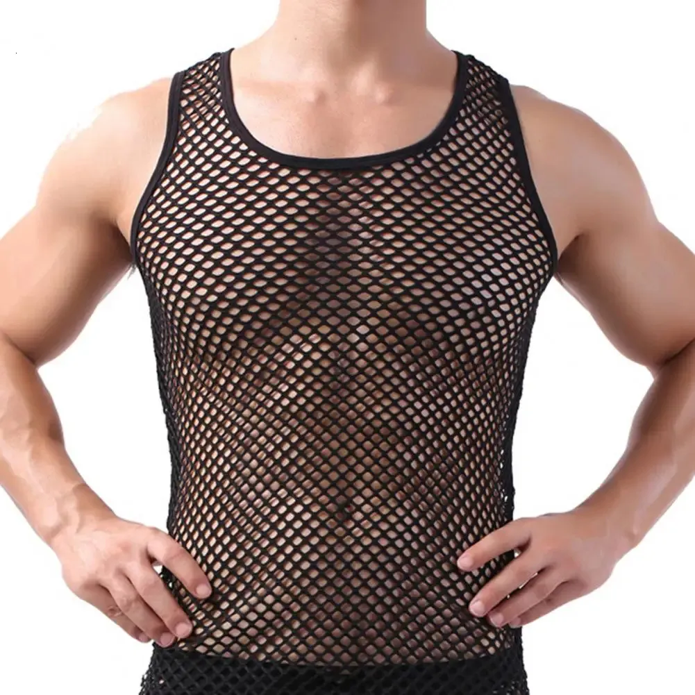 Mannen Vest Underhirt Gay Clothing Nylon Mesh Shirt Zie door pure sexy tops transparant shirt ondergoed slaapkleding 240506