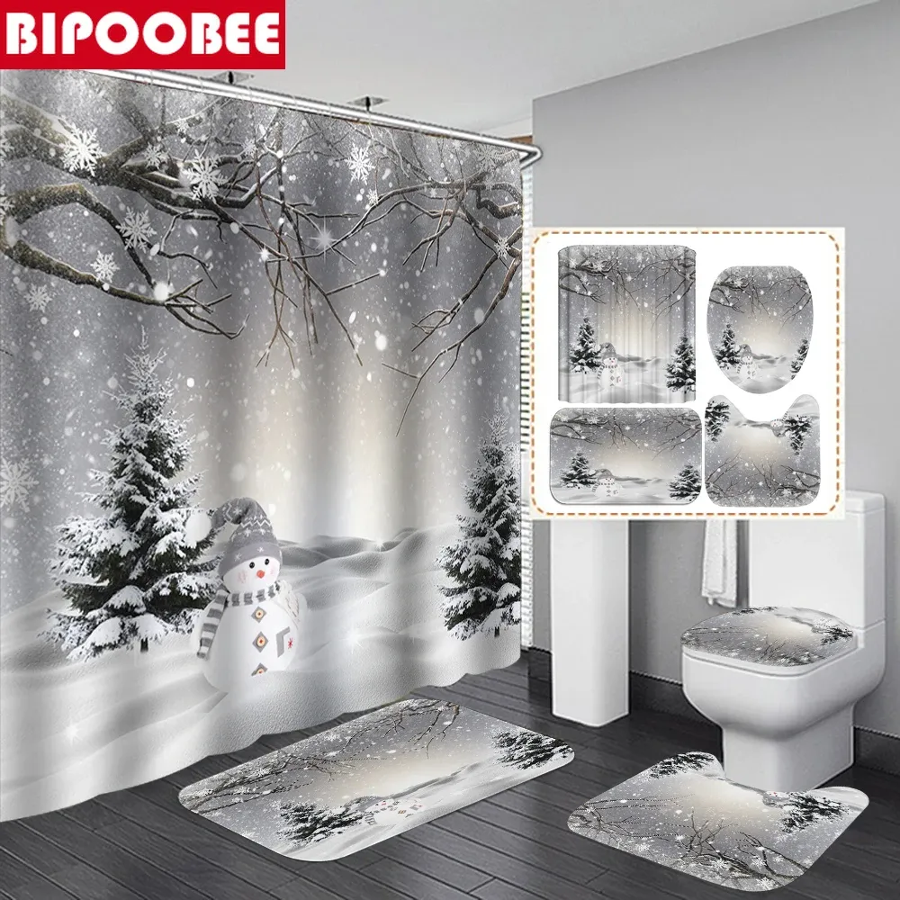 Vorhänge Eis Schnee Welt Duschvorhänge für Badezimmer Dekor Schneemann Frohe Weihnachten Bad Matten Teppiche Toilettendeckel Deckung nicht Klappteppich Teppich