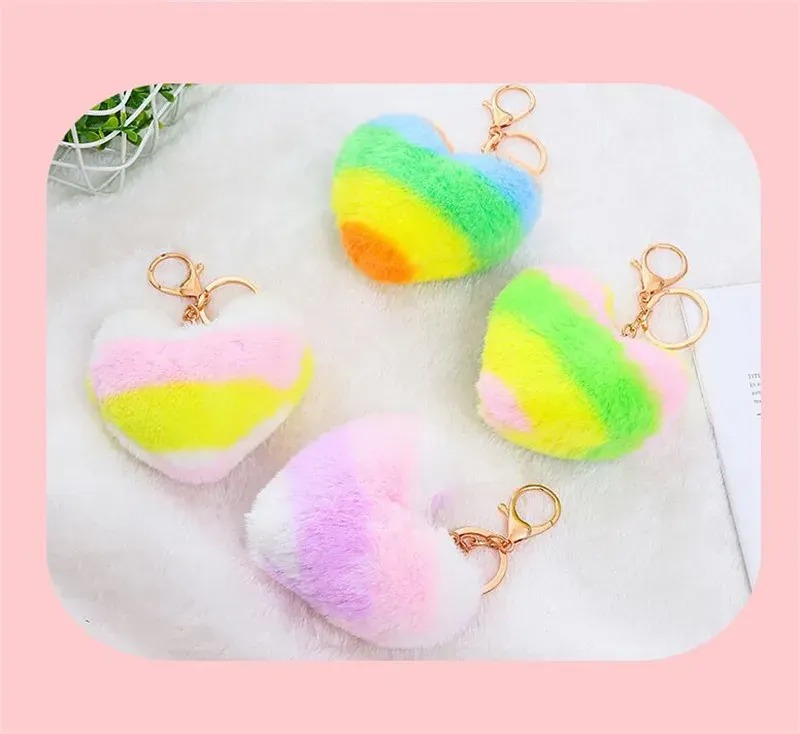 Love Pompom Keychain Gifts for Women Soft Heart Shape Pompom Imitated Rabbit Fur Key Chain Ball Car Bag Accessories Key Ring