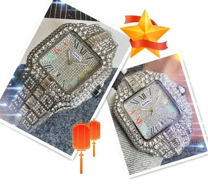 Zwei Marken mit Logo Männern Luxus Uhr Bling Shiny Starry Diamonds Ring Uhr Quarz Batterie Uhr gute Qualität quadratische Römische Tank Wählscheibe Armbanduhr Geschenke
