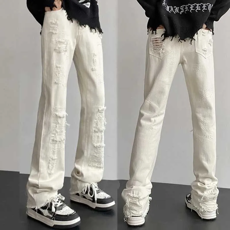 En's Jeans Plus Size M-5XlデニムジーンズメンズホールホワイトカラータイドハイストリートパンツバイブストレートルーズオールマッチティーンエイジャーズボンJ240507