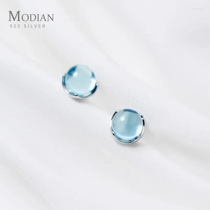 Boucles d'oreilles Stud Modian Luxury Blue Crystal Sky Color Opal Round Classic Charm 925 Sterling Silver for Women Bijoux à la mode Gift