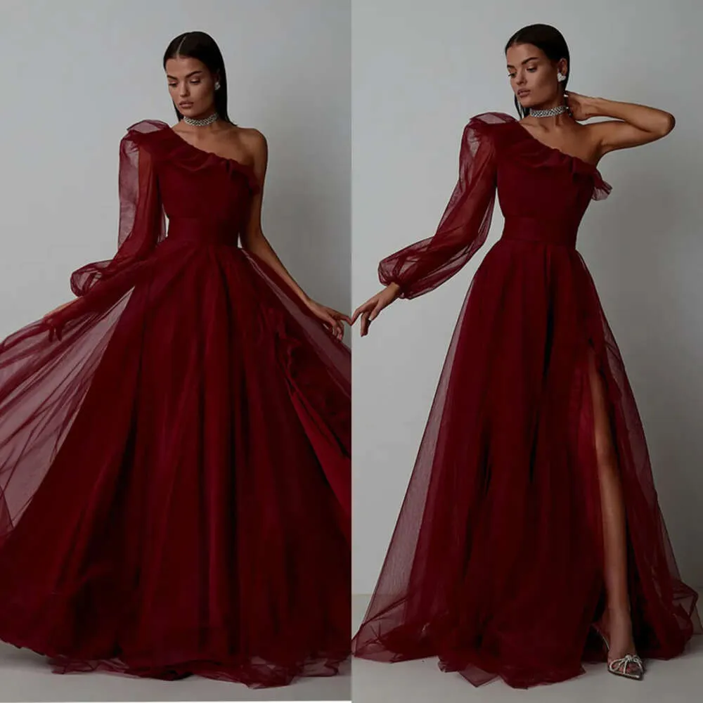 Dresses High Waist Prom With Belt Glamorous A-Line Art Deco-Inspired Neck Solid Color Net Tulle Side Split Court Gown Backless Custom Made Evening Dress Plus