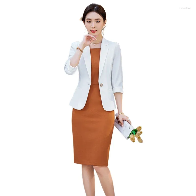 Arbetsklänningar Kvinna Vit blazer Kvinnor Business Suits Office Ladies Dress and Jacket Set Uniform Style Half Sleeve Summer