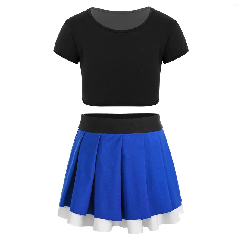 Kledingsets Kids Girls Dance Performance Set korte mouwen T -shirt Crop top met geplooide rok twee lagen contrastkleur voor cheerleading