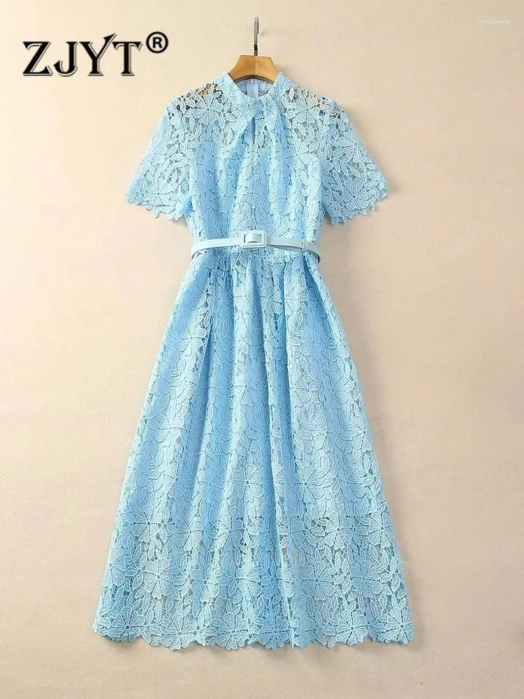 Feestjurken Zjyt Runway 2024 Spring Summer Hollow Out Lace For Women Short Sleeve Dress Elegant Midi Holiday Vestidos Blue