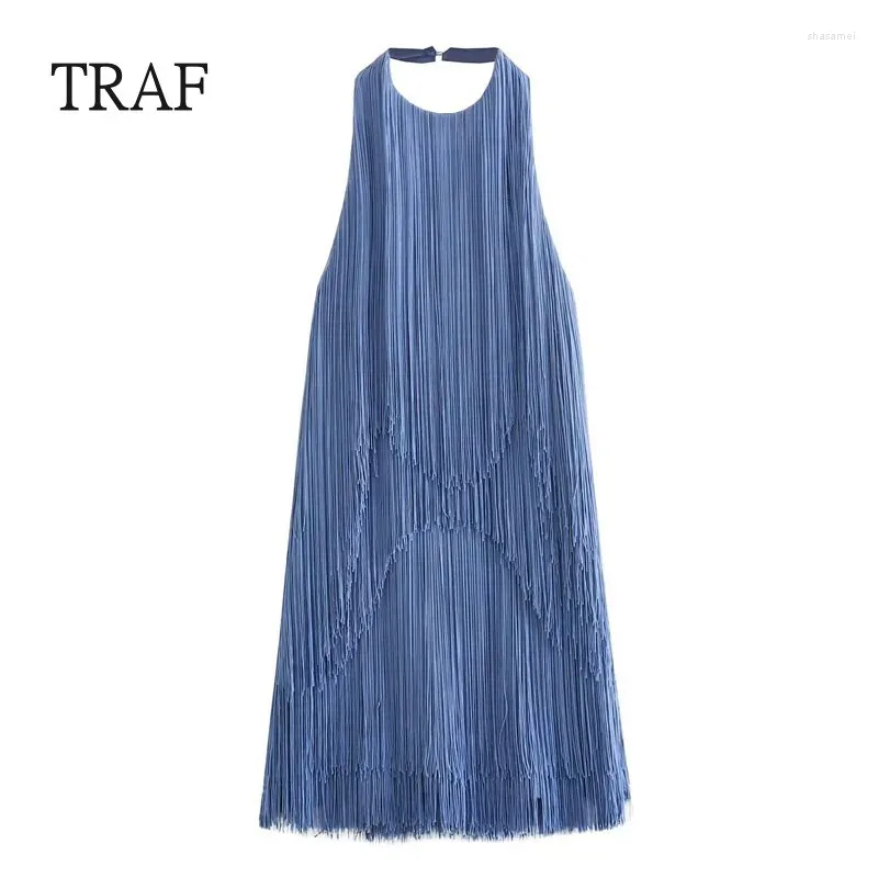 Casual Dresses Blue Tassel Short Dress Women 2024 Fashion Hanger Neck Summer Clothing Sexy Backless Female Party