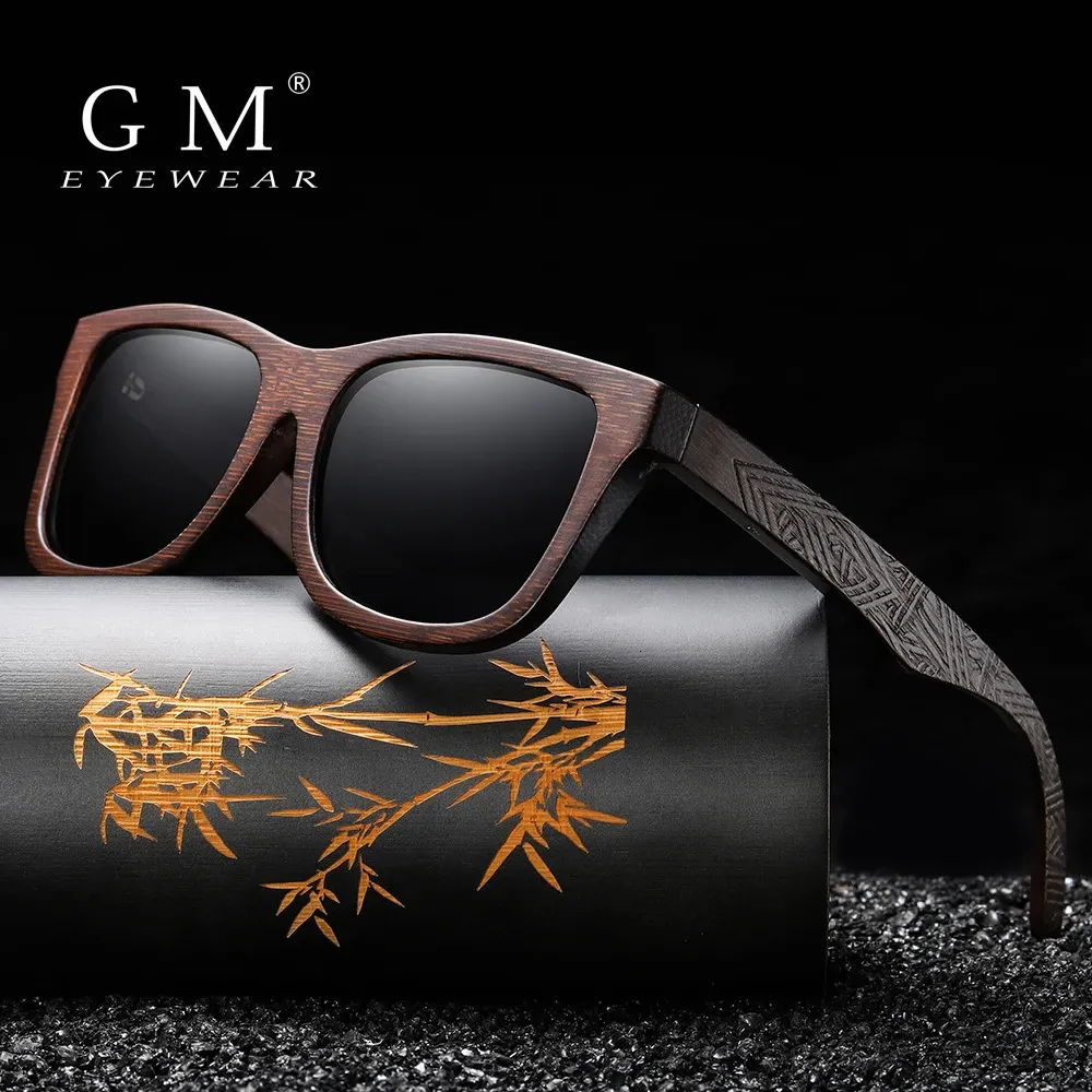 GM Natural Bamboo Wooden Sunglasses Handmade Polarized Glasses Mirror Coating Lenses Eyewear With Gift Box 240428