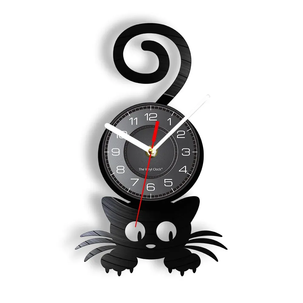 クレイジーキャットレディウォールアートシルエット子猫猫と面白いテールホーム装飾壁時計ブラックキティレコードクロックキャットペットラバー