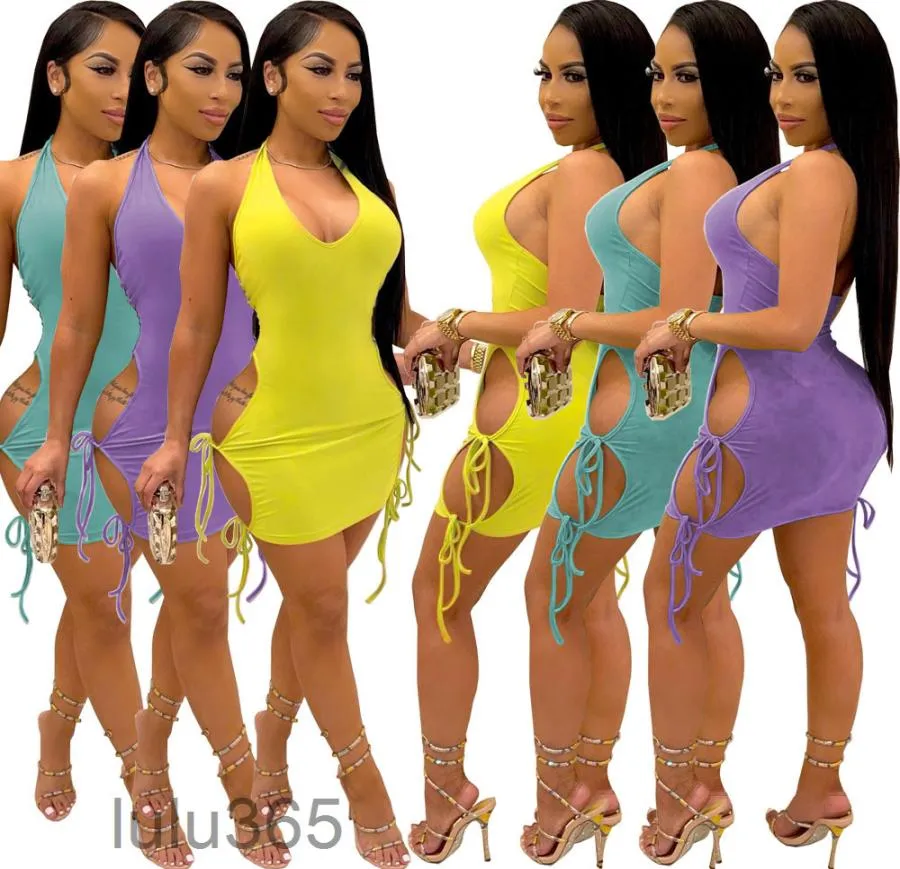 Femmes Robes décontractées 2021 Été Nouveau designer Fashion Fashion Exclusive Sexy Sexy Color V-Neck Open Back Bandage Robe Sans manches Skirt courte 3656393985