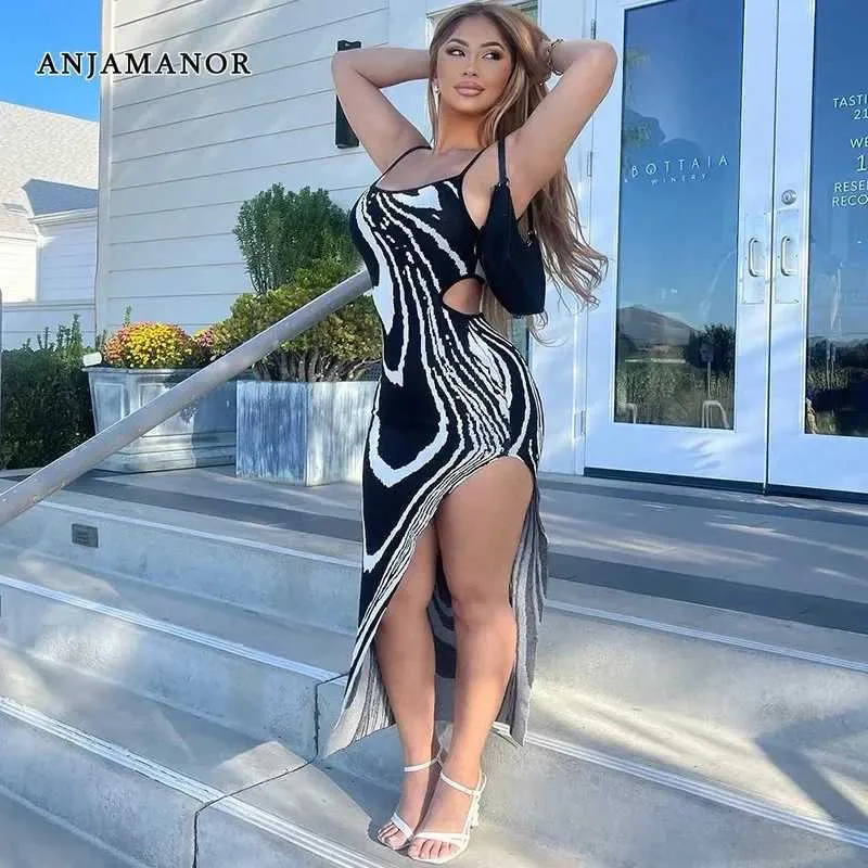 Urban Sexy Dresses Anjamanor Fashion Printed Summer Dress Resort Wear Hollow Backless Split Long Dresses For Women Sexy Nightclub Outfits D70-CZ21 T240507