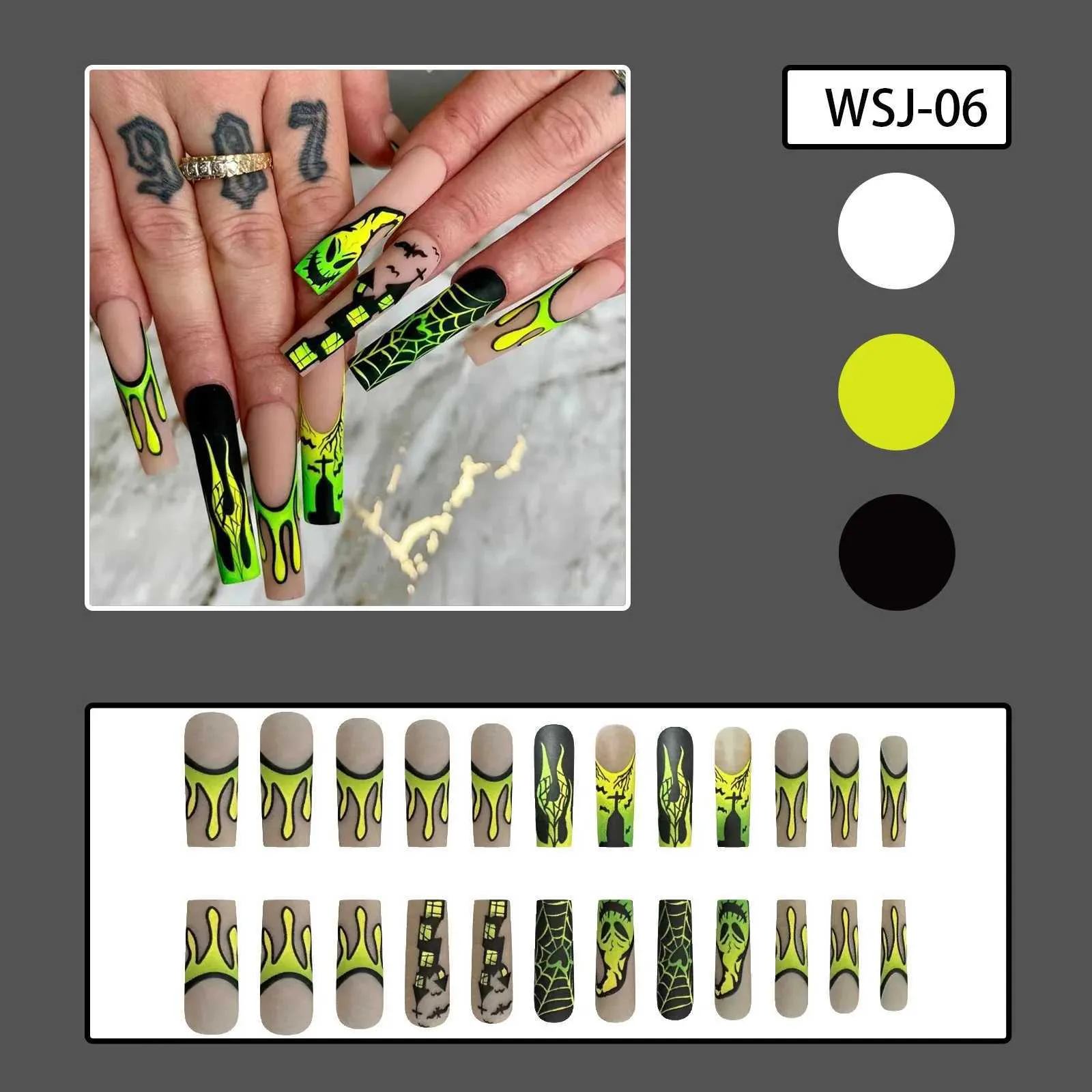 Faux Nails Grn Witch Castle Fale Nails Hallown Series Long Coffin Acrylique Nail Art Patch complet Presse détachable Presse sur les pointes de l'ongle T240507