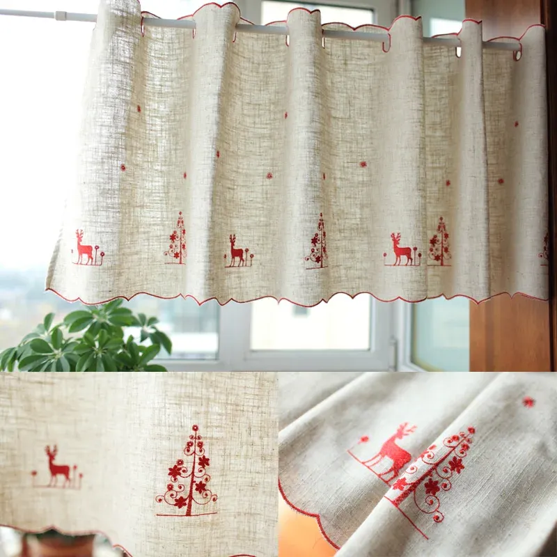 Cortinas cortina para janela de cortina curta linho vermelho Decoração de natal bordada para a sala da cozinha da porta da cozinha Tampa do armário