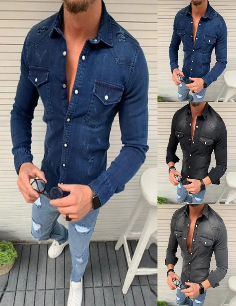 Monerffi 2019 Men Jean shirts mode herfst slank denim shirts top camisa masculina lange mouw jeans shirt casual hiphop top7282309