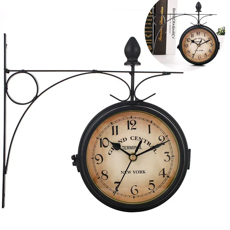 Часы кованого железа антикеалолока круглые стены, висящие двойные боковые лица ретро -станция
